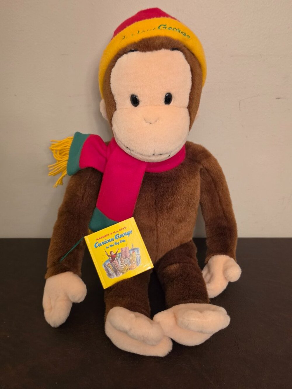 Vintage Macy's exclusive Curious George plush monkey hat and scarf set from 2001
